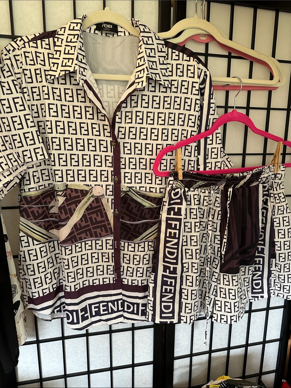 Fendi White and Dark Brown FF Logo Two-Piece Shirt & Shorts with pockets